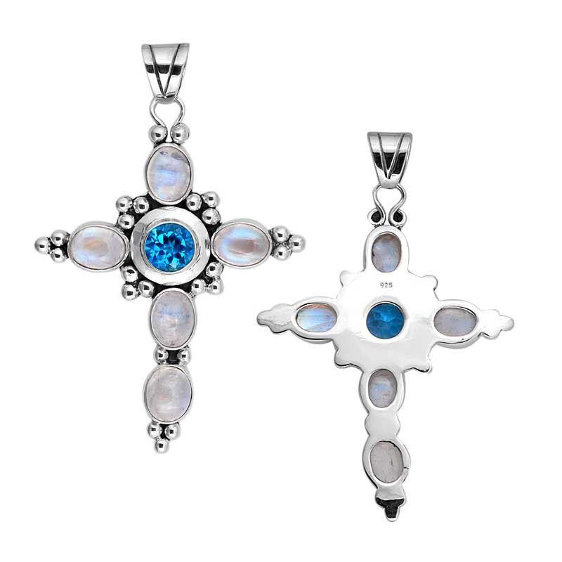 SP-2154-CO1 Sterling Silver Pendant With Rainbow Moonstone, Blue Topaz Q. Jewelry Bali Designs Inc 