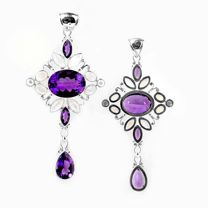 SP-2887-CO1 Sterling Silver Pendant With Rainbow Moonstone, Mother Of Pearl, Amethyst Q. Jewelry Bali Designs Inc 