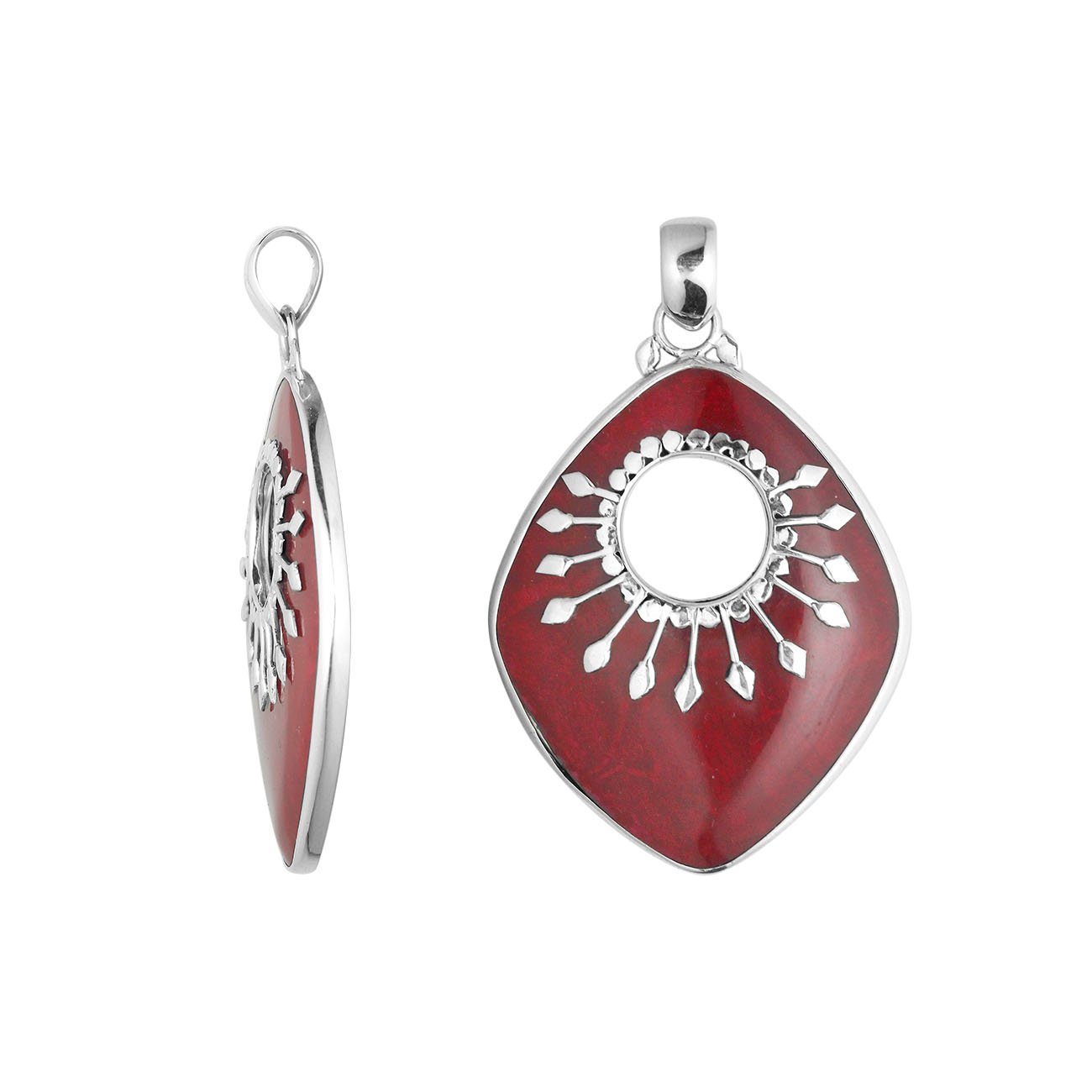 SP-5215-CR Sterling Silver Beautiful Rhombus Designer Pendant with Coral Jewelry Bali Designs Inc 