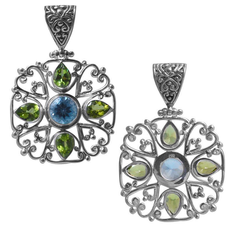 Balinese Sterling Silver Blue Topaz Quartz And Peridot Quartz Floral Pendant.