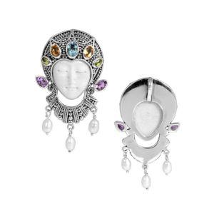 SP-5606-CO1 Sterling Silver Pendant With Amethyst Q., Blue topaz, Peridot Q., Citrine Q., Pearl, Bone Face Jewelry Bali Designs Inc 