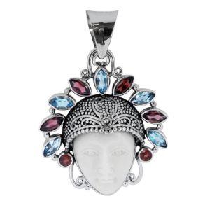SP-5652-CO1 Sterling Silver Pendant With Garnet Q., Bone Face, Blue Topaz Q. Jewelry Bali Designs Inc 