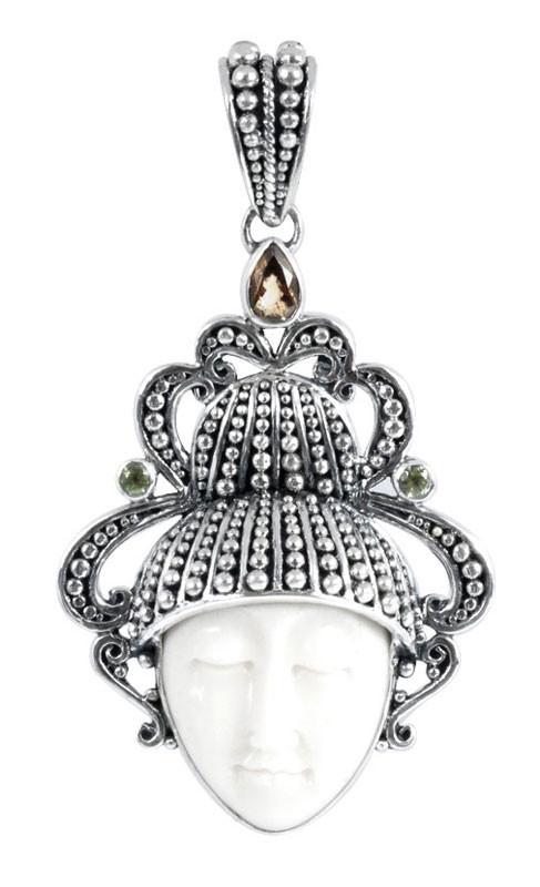 Balinese Sterling Silver Citrine Quartz Peridot Quartz Bone Face Pendant With Artistic Crown.