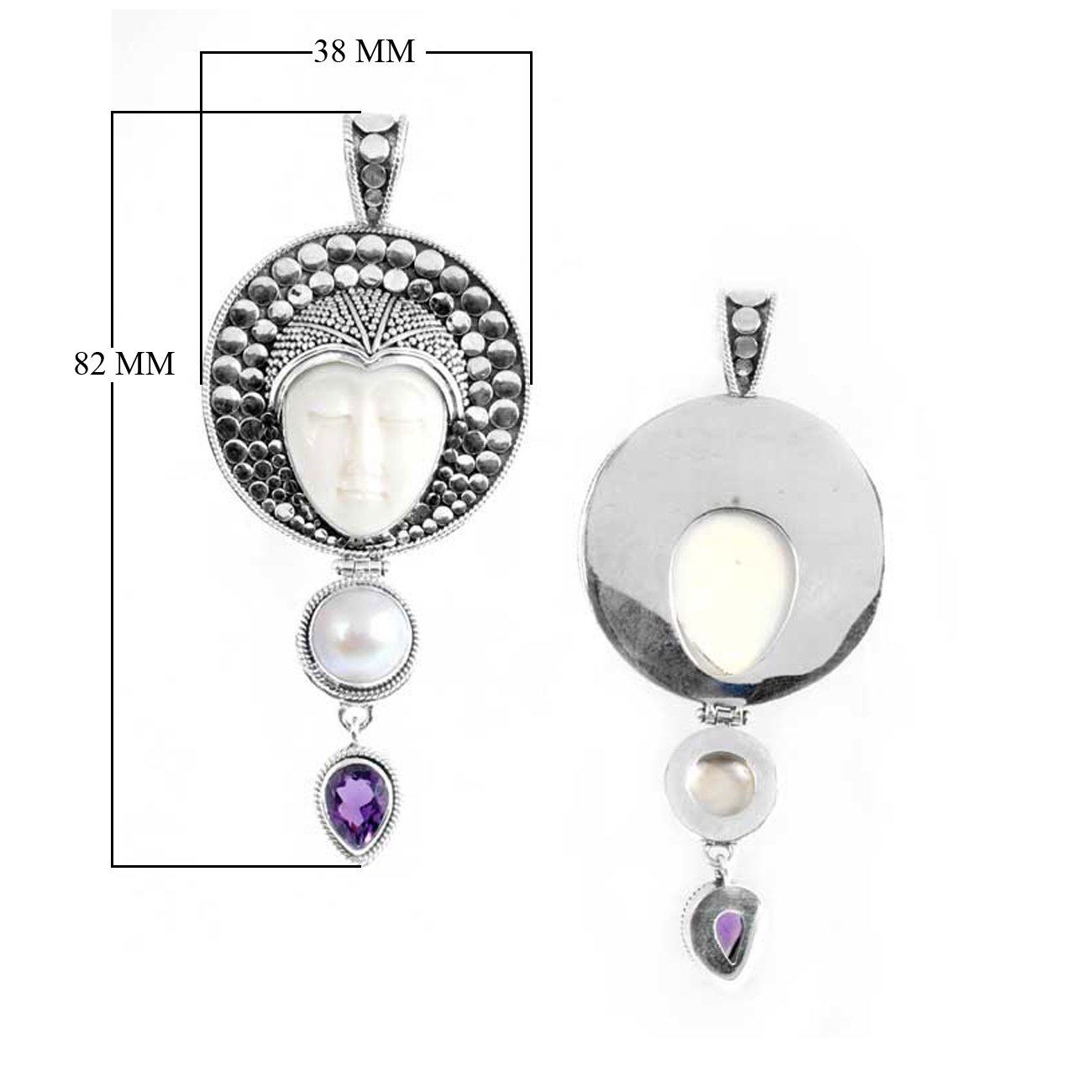 SP-5655-CO1 Sterling Silver Pendant With Fresh Water Pearl, Bone Face, Amethyst Q. Jewelry Bali Designs Inc 