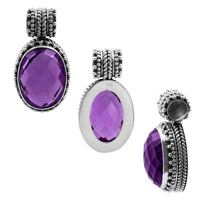 Handcrafted Sterling Silver Amethyst Quartz Rope Edge Oval Pendant