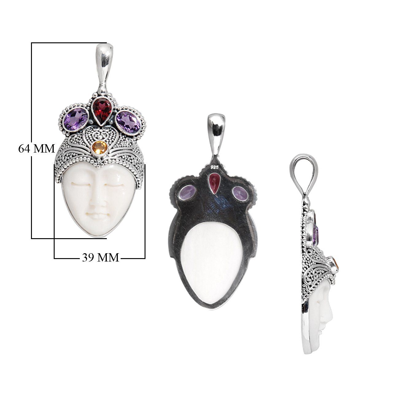 SP-7991-CO1 Sterling Silver Pendant With Garnet, Citrine, Bone Face, Amethyst Jewelry Bali Designs Inc 