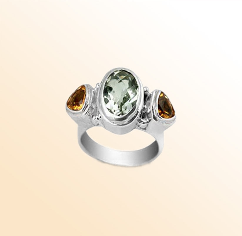Sterling Silver beautiful ring with Citrine Quartz and Green Amethyst Quartz handcrafted in Bali, Indonesia with three-stone design