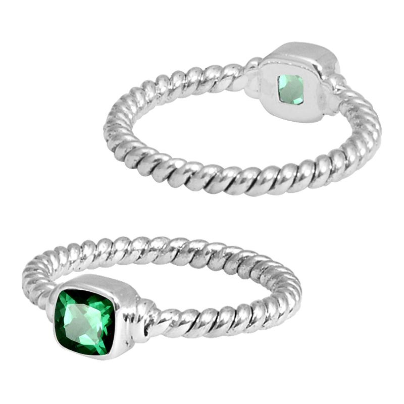 Sterling Silver Green Quartz Cushion Rope Ring – Handcrafted In Bali With Twisted Silver Band