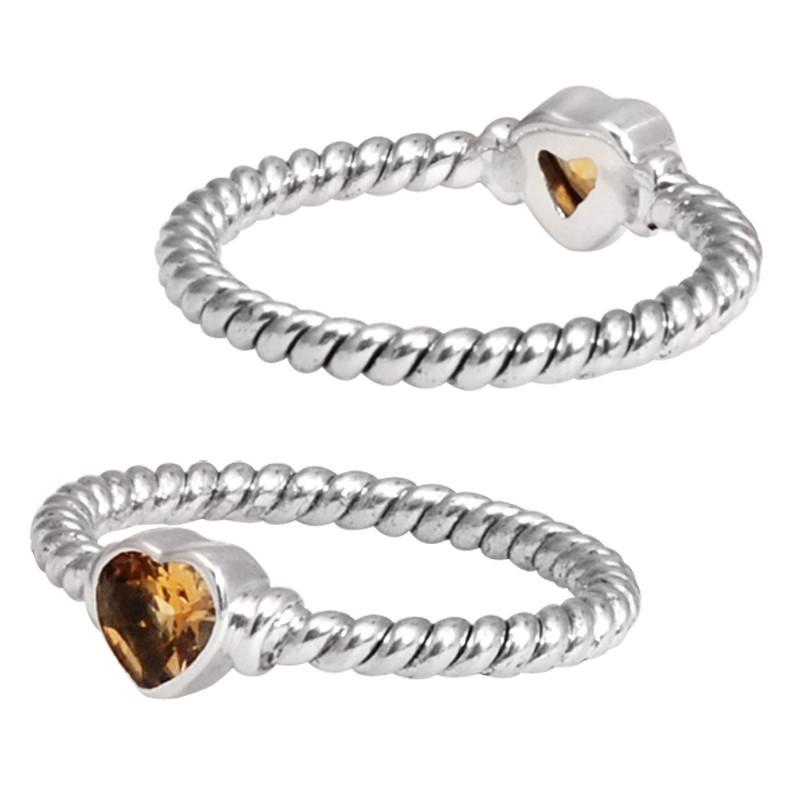 Sterling Silver Citrine Quartz Heart Rope Ring – Handcrafted In Bali With Twisted Silver Band
