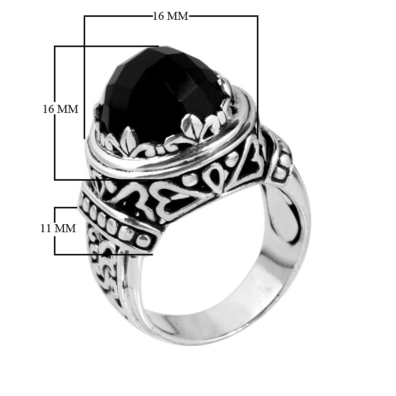 Sterling Silver Black Onyx Majestic Carved Bali Ring with Oxidized Antique Finish