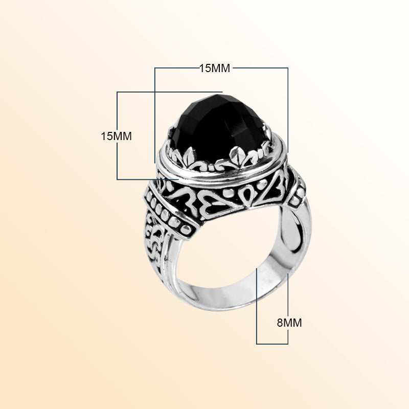 Sterling Silver Black Onyx Majestic Carved Bali Ring with Oxidized Antique Finish