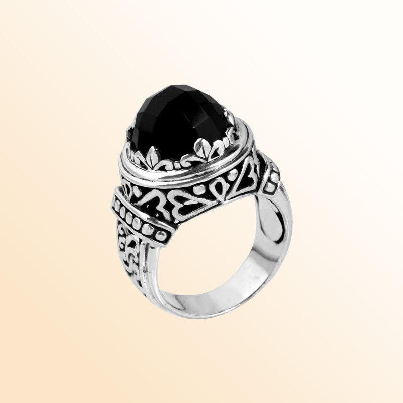Sterling Silver Black Onyx Majestic Carved Bali Ring with Oxidized Antique Finish