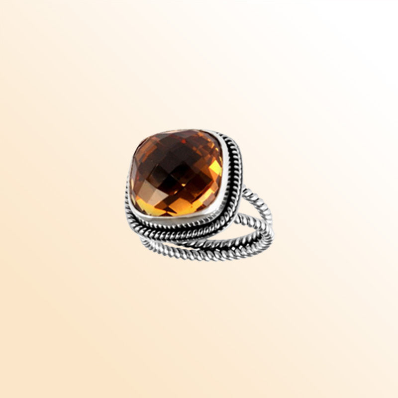 Sterling Silver Ring With Citrine Quartz, Cushion Rope Frame, Mirror Polished Silver Finish, Handcrafted In Bali