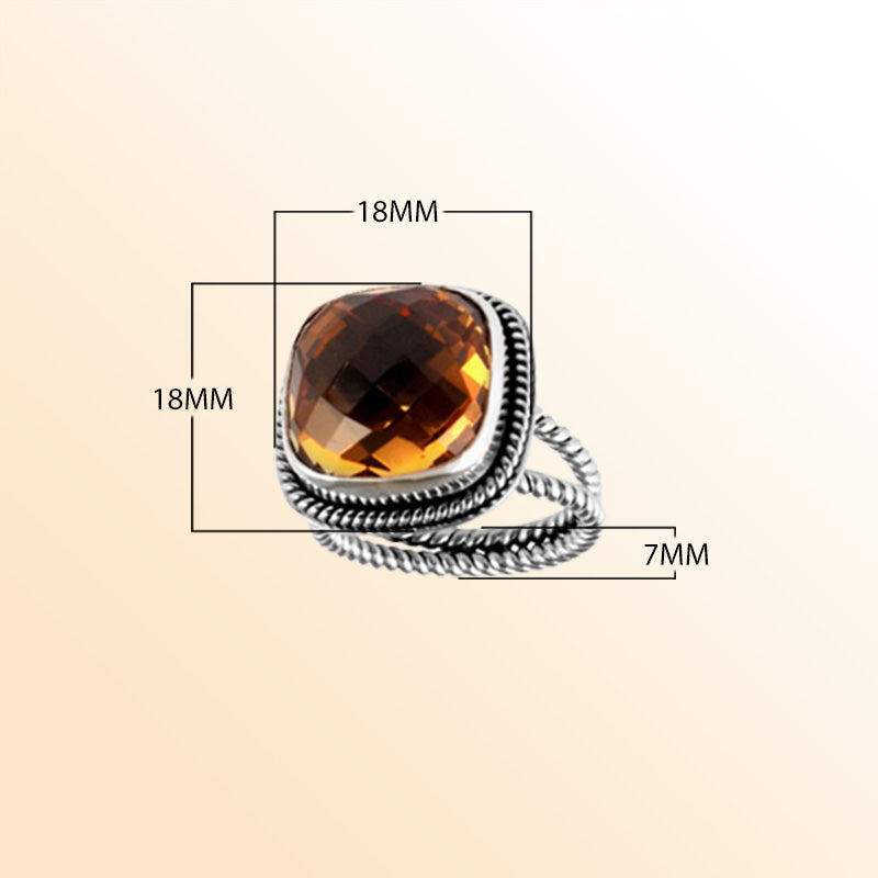 Sterling Silver Ring With Citrine Quartz, Cushion Rope Frame, Mirror Polished Silver Finish, Handcrafted In Bali