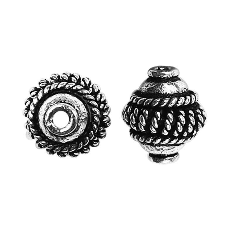 Silver Overlay Over Copper braided barrel bead handcrafted in India, rope-textured metallic finish jewelry making component.