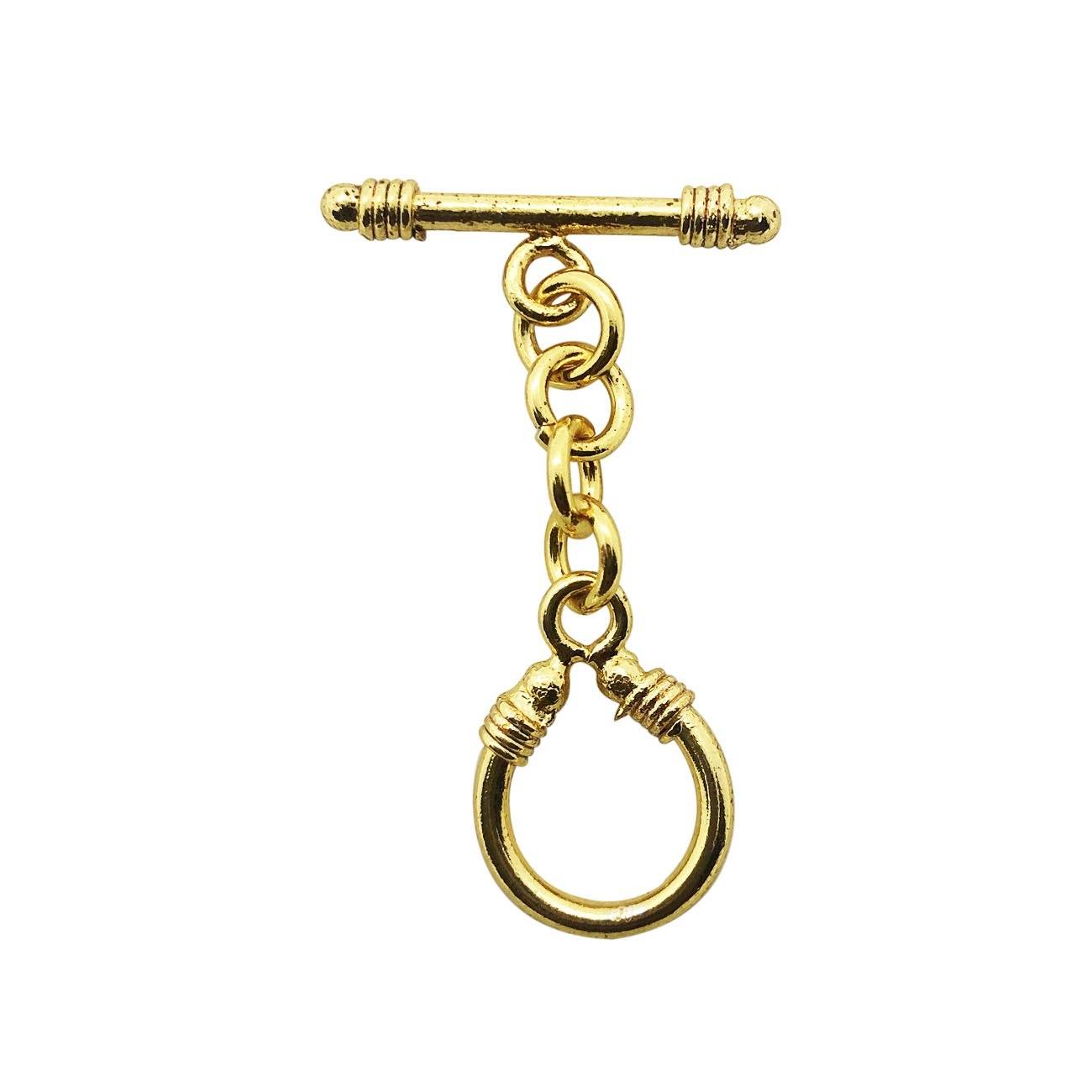 Handmade 18K gold overlay toggle clasp with polished decorative loop and elongated bar, crafted in India for bracelets and necklaces