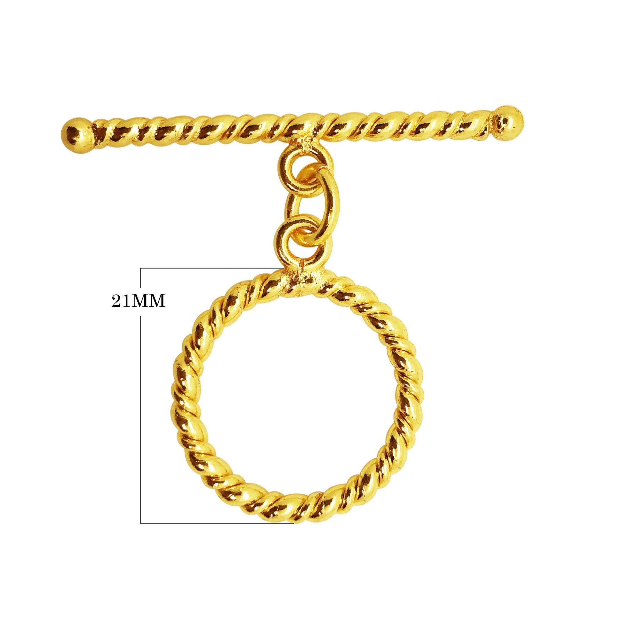 Handmade 18K gold overlay toggle clasp with polished twisted rope ring and bar, crafted in India for bracelets and necklaces
