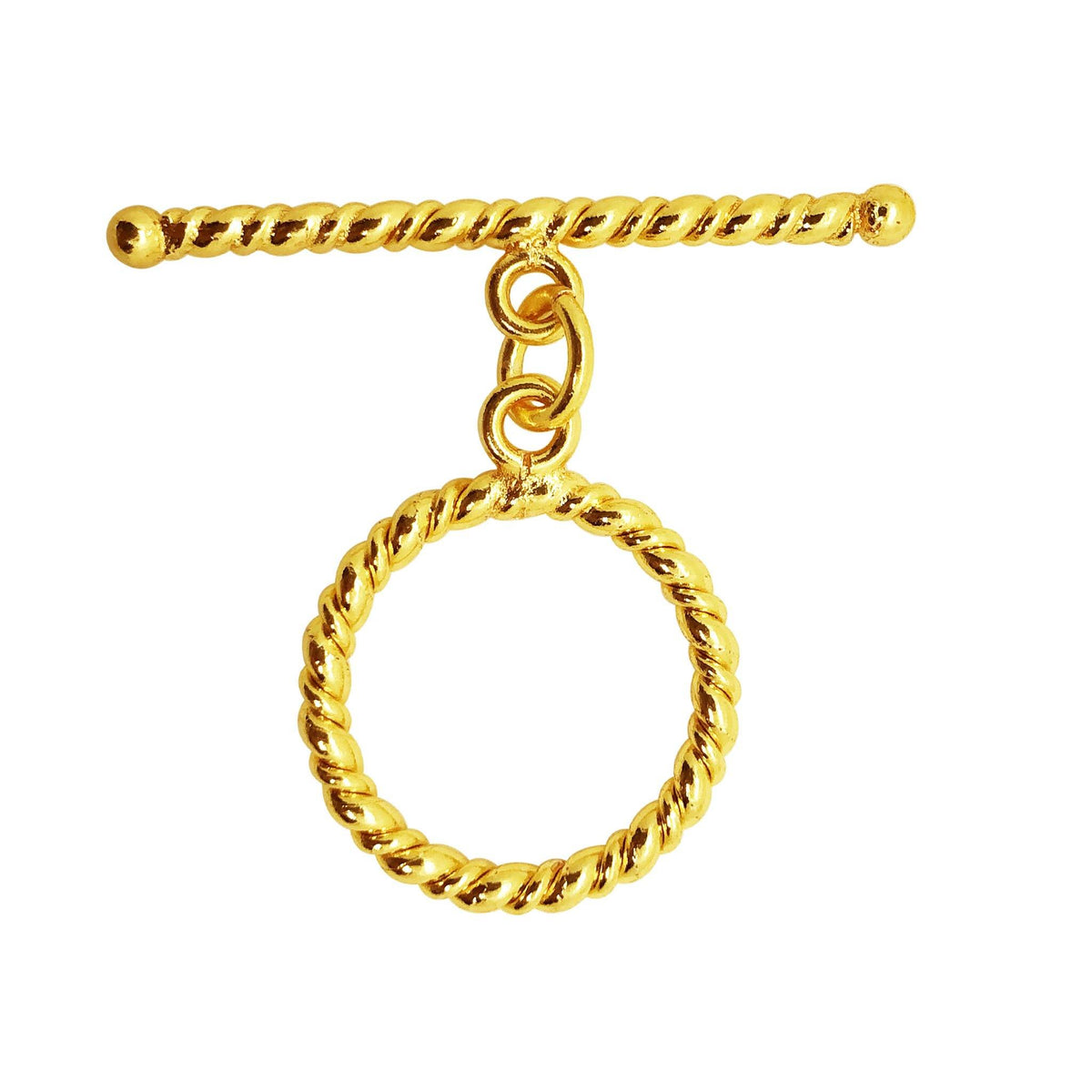 Handmade 18K gold overlay toggle clasp with polished twisted rope ring and bar, crafted in India for bracelets and necklaces