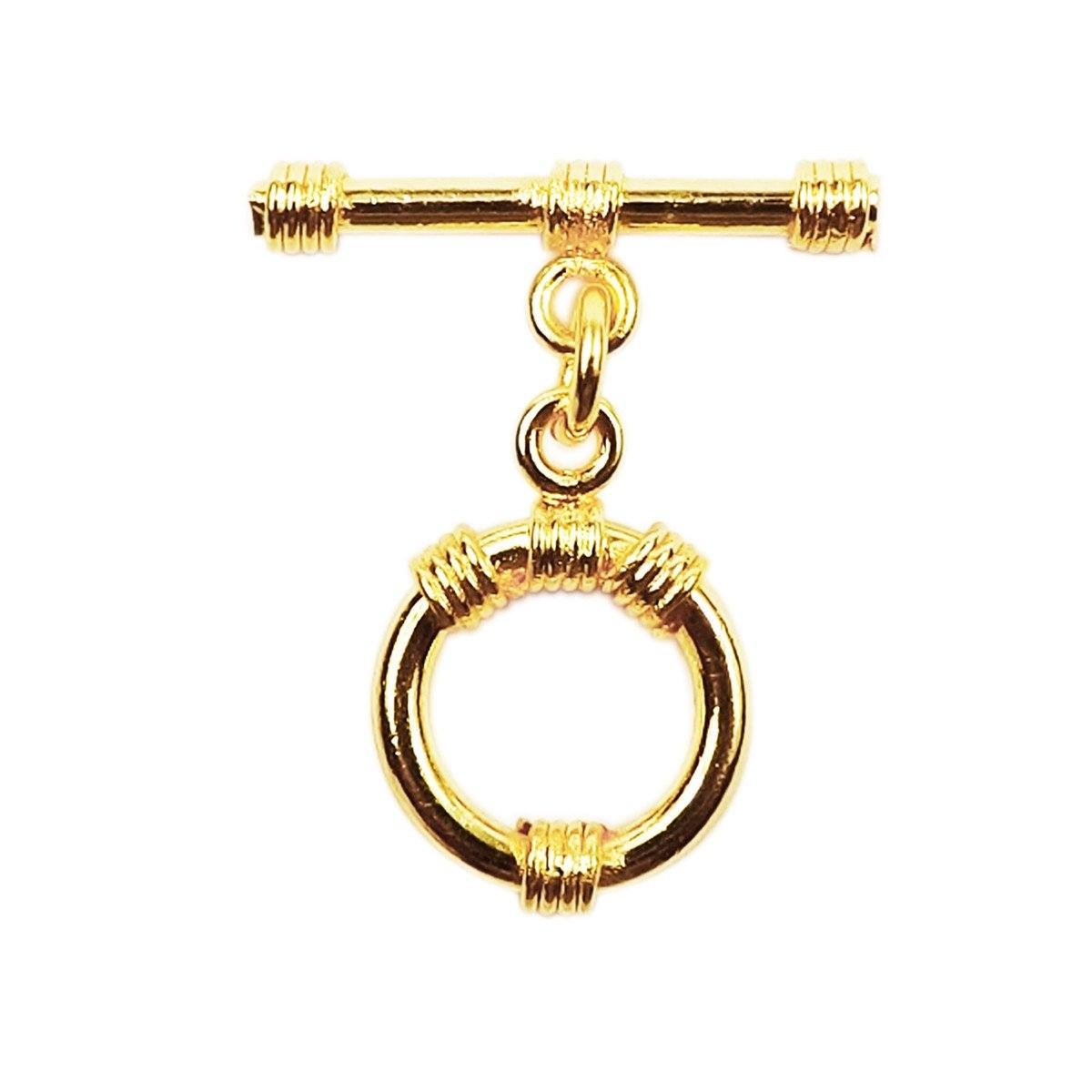 Handmade 18K gold overlay toggle clasp with polished circular ring and rope wrap accents, crafted in India for bracelets and necklaces