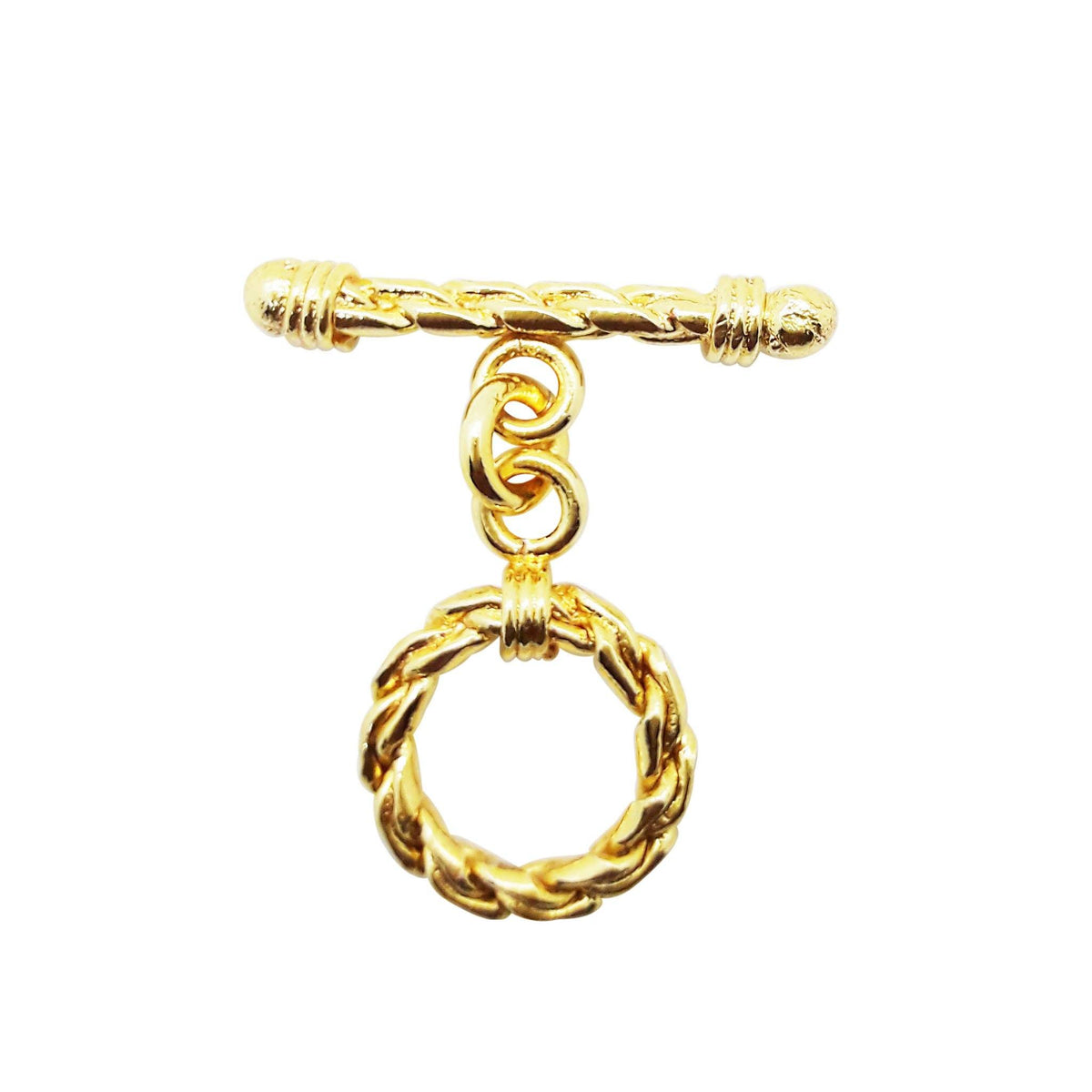 Handmade 18K gold overlay toggle clasp with polished braided rope ring and twisted bar, crafted in India for bracelets and necklaces