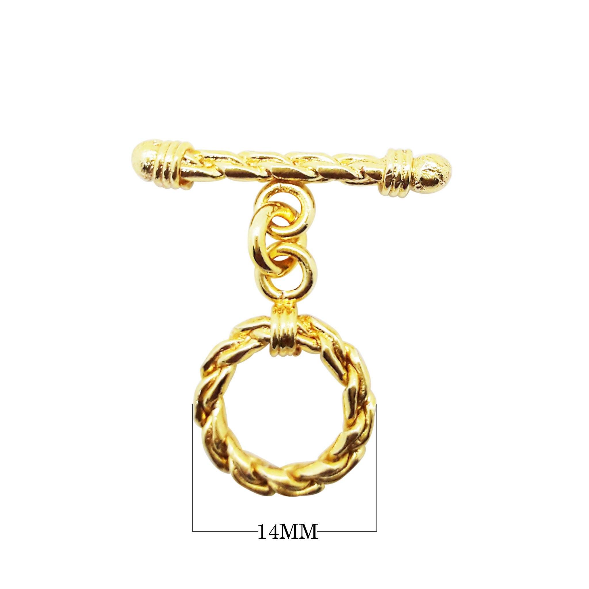 Handmade 18K gold overlay toggle clasp with polished braided rope ring and twisted bar, crafted in India for bracelets and necklaces