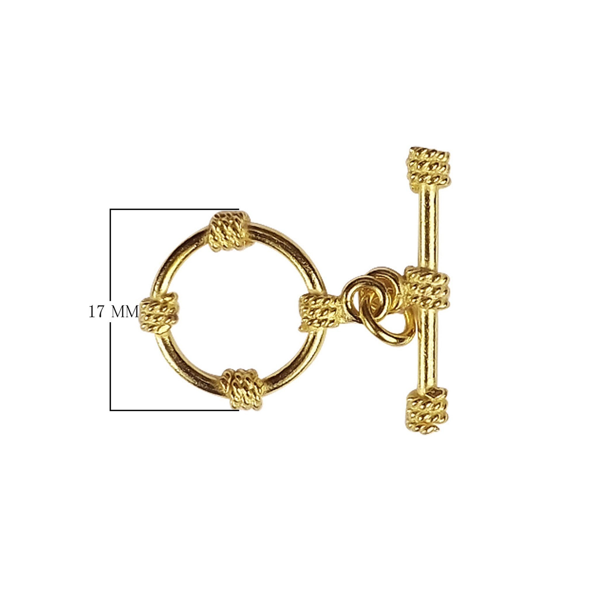 Handmade 18K gold overlay toggle clasp with polished circular ring and rope wrap bar detail, crafted in India for bracelets and necklaces