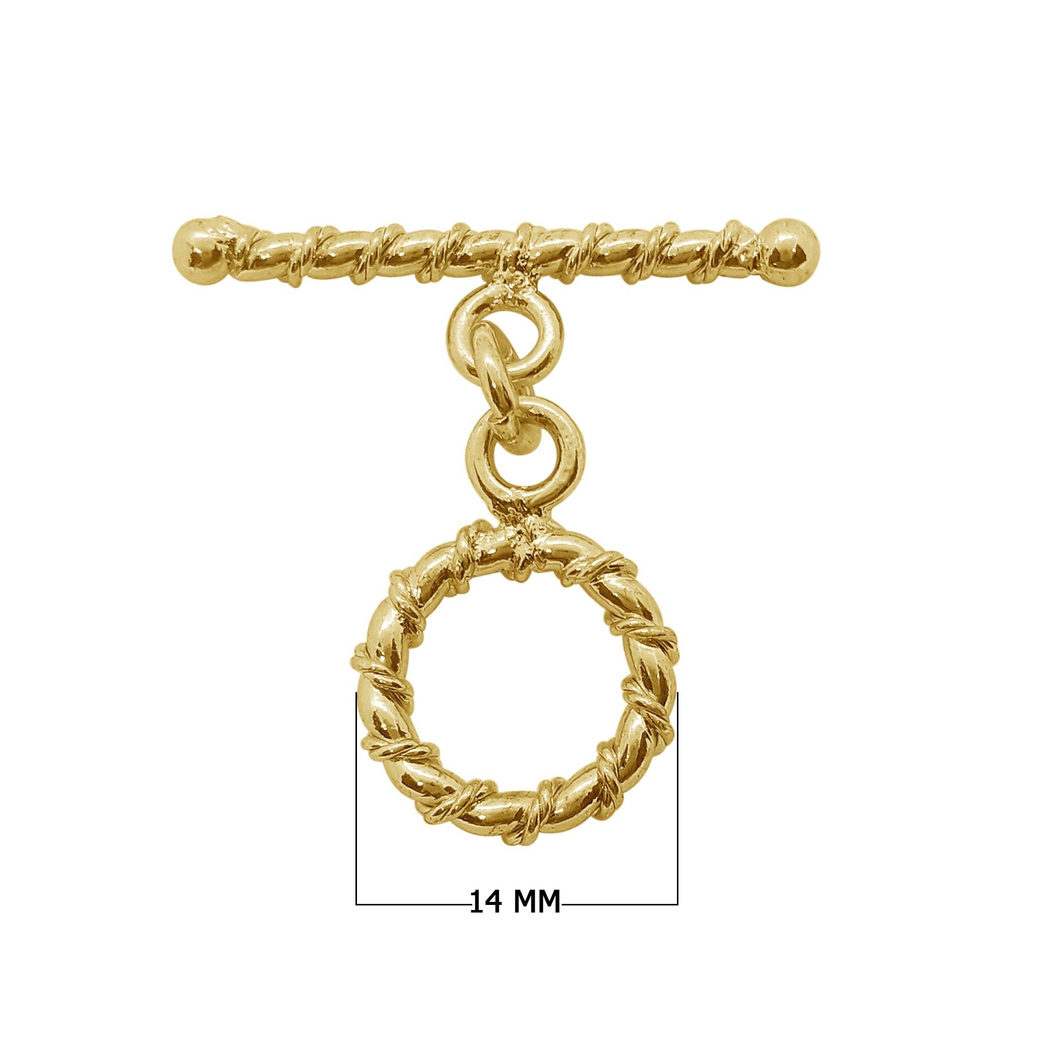 Handmade 18K gold overlay toggle clasp with polished twisted rope ring and bar, crafted in India for bracelets and necklaces