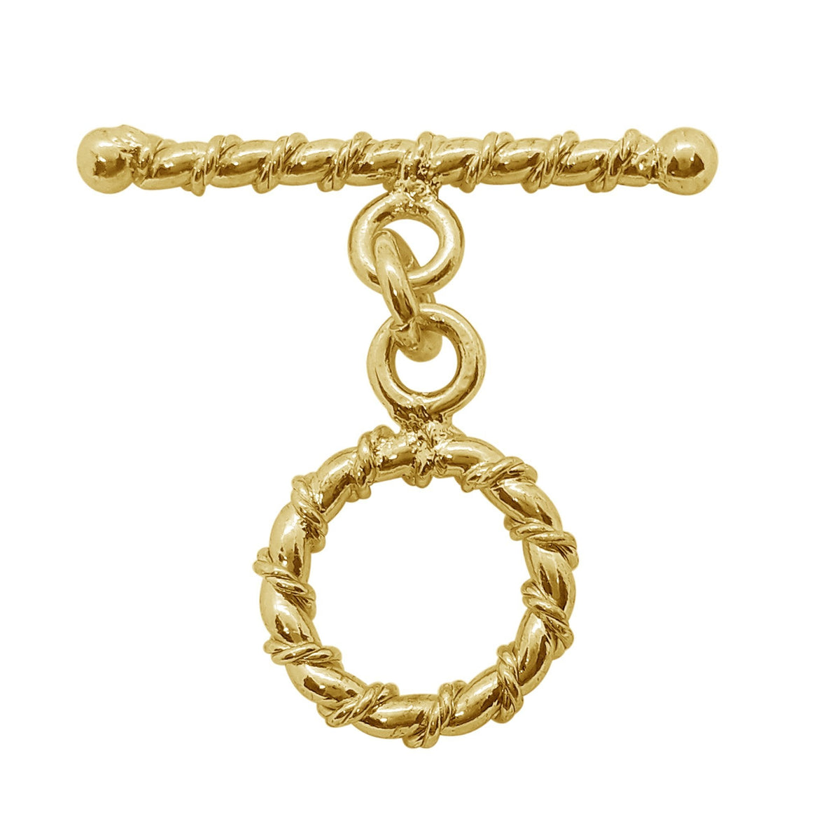 Handmade 18K gold overlay toggle clasp with polished twisted rope ring and bar, crafted in India for bracelets and necklaces