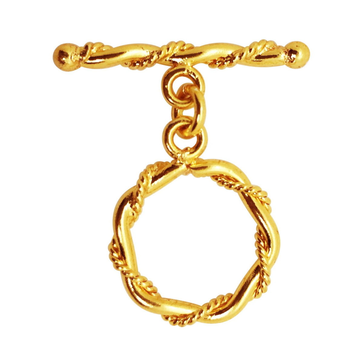 Handmade 18K gold overlay toggle clasp with polished twisted hexagon rope ring and bar, crafted in India for bracelets and necklaces