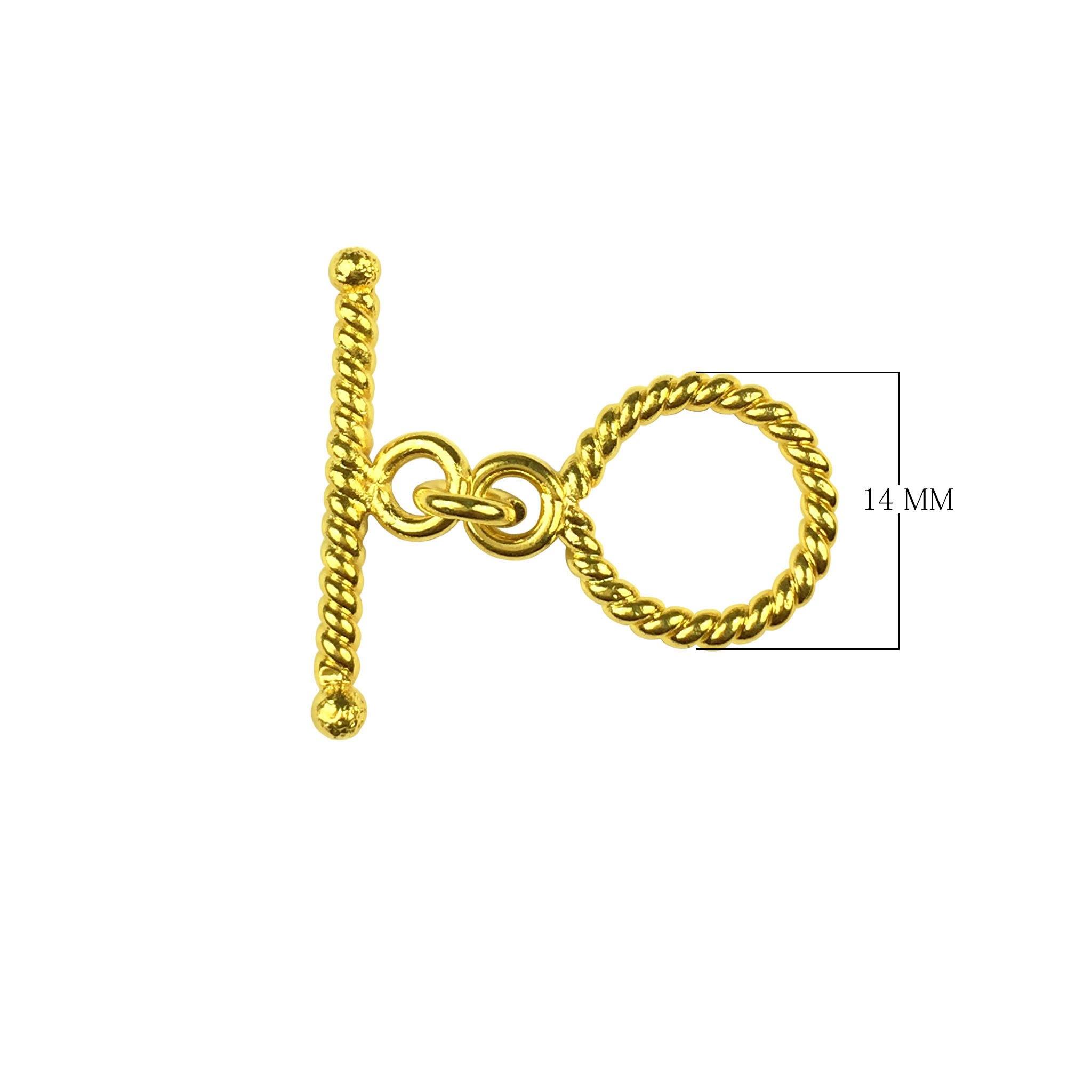 Handmade 18K gold overlay toggle clasp with polished rope-style ring and twisted bar, crafted in India for bracelets and necklaces