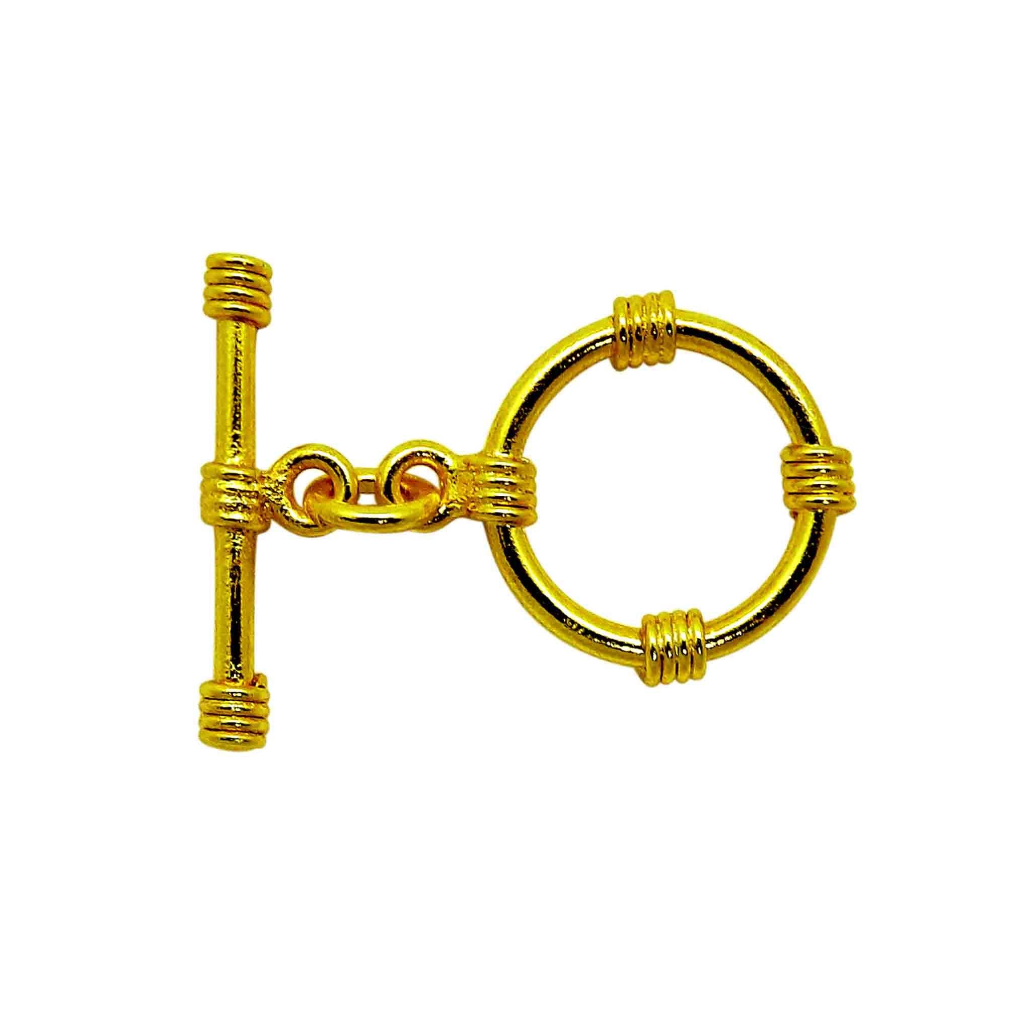 Handmade 18K gold overlay toggle clasp with polished four-band ring and bar, crafted in India for bracelets and necklaces