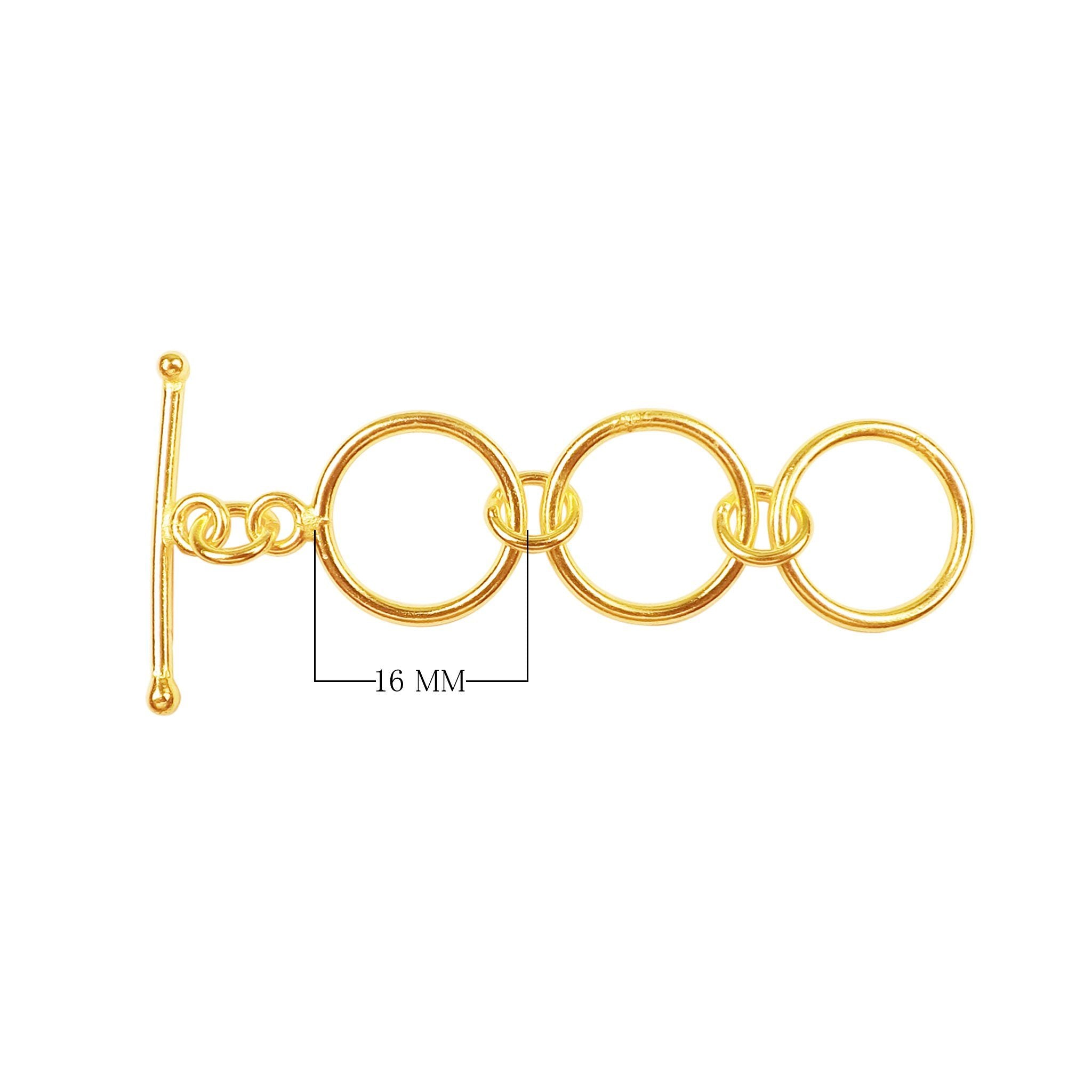 Elegant 18K gold overlay toggle clasp with interlinked rings and bar closure, handcrafted in India, perfect for bracelets and necklaces.