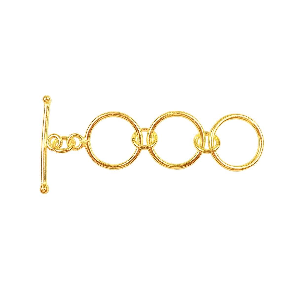 Elegant 18K gold overlay toggle clasp with interlinked rings and bar closure, handcrafted in India, perfect for bracelets and necklaces.