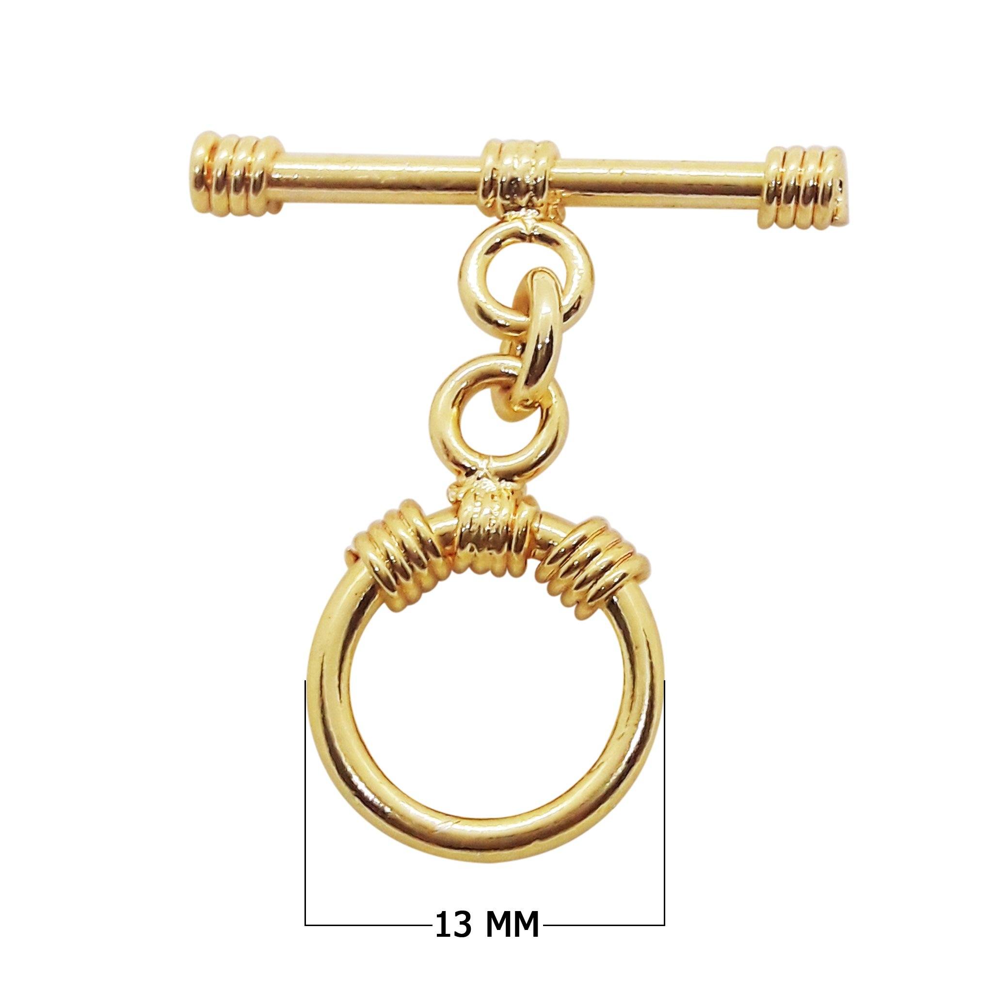 Stylish 18K gold overlay wire-wrapped toggle clasp with round ring and bar design, handcrafted in India, perfect for bracelets and necklaces.