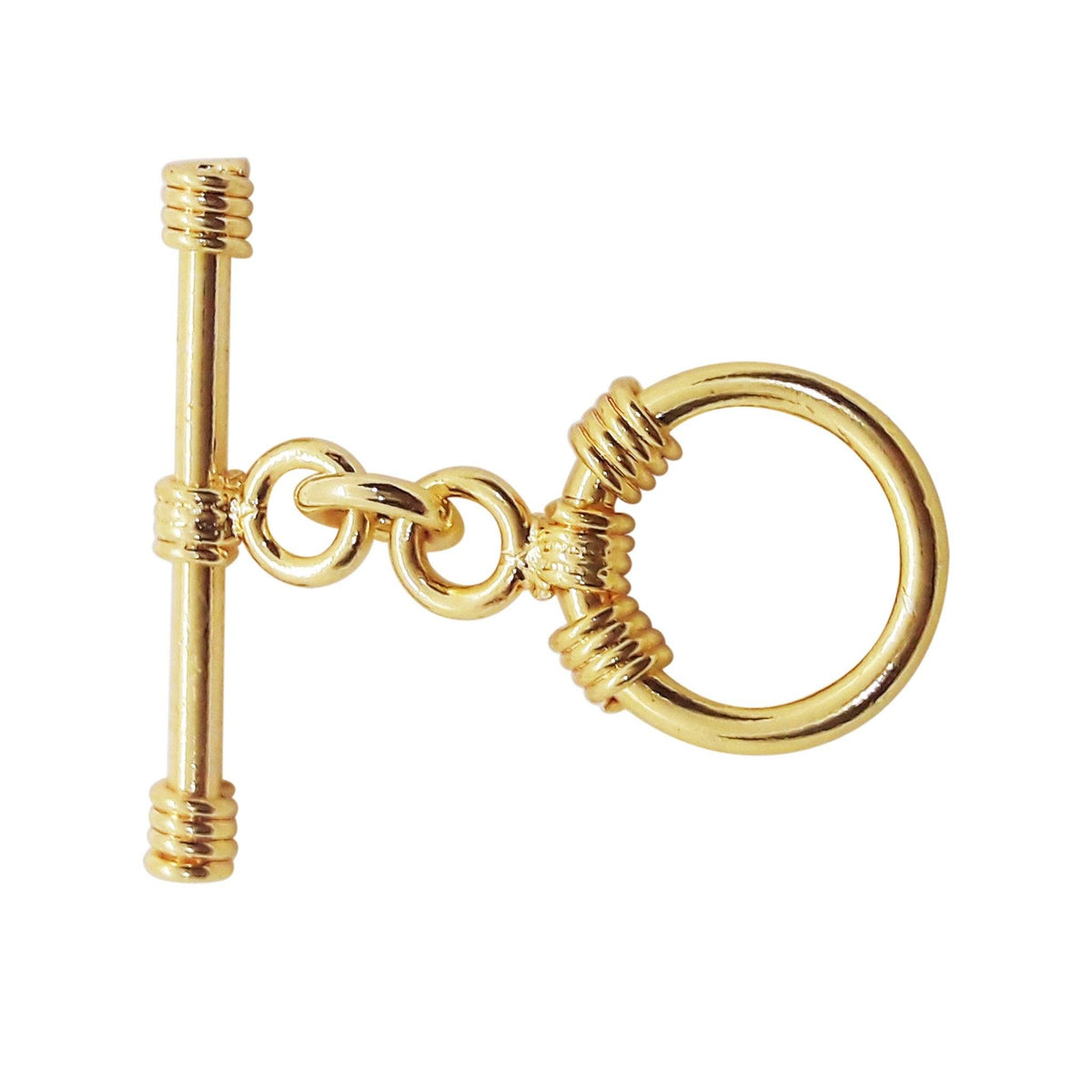 Stylish 18K gold overlay wire-wrapped toggle clasp with round ring and bar design, handcrafted in India, perfect for bracelets and necklaces.