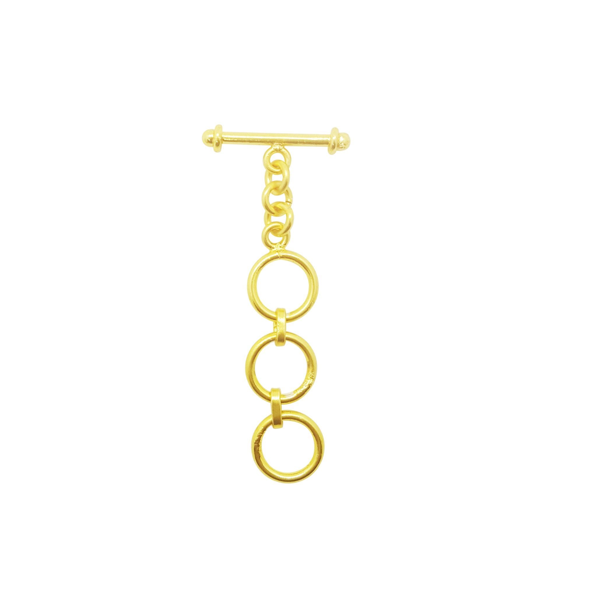 Handmade 18K Gold Overlay Triple Ring Toggle Clasp with polished golden finish for necklaces and bracelets