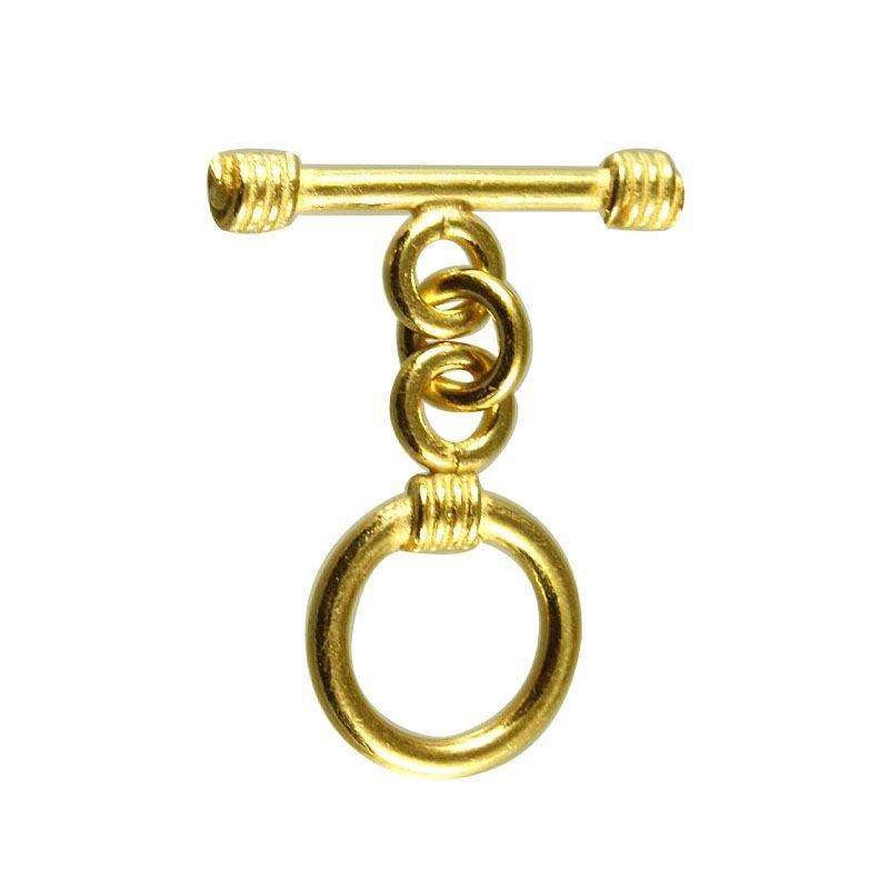 Handmade 18K Gold Overlay Ringed Bar Toggle Clasp with polished golden finish for necklaces and bracelets