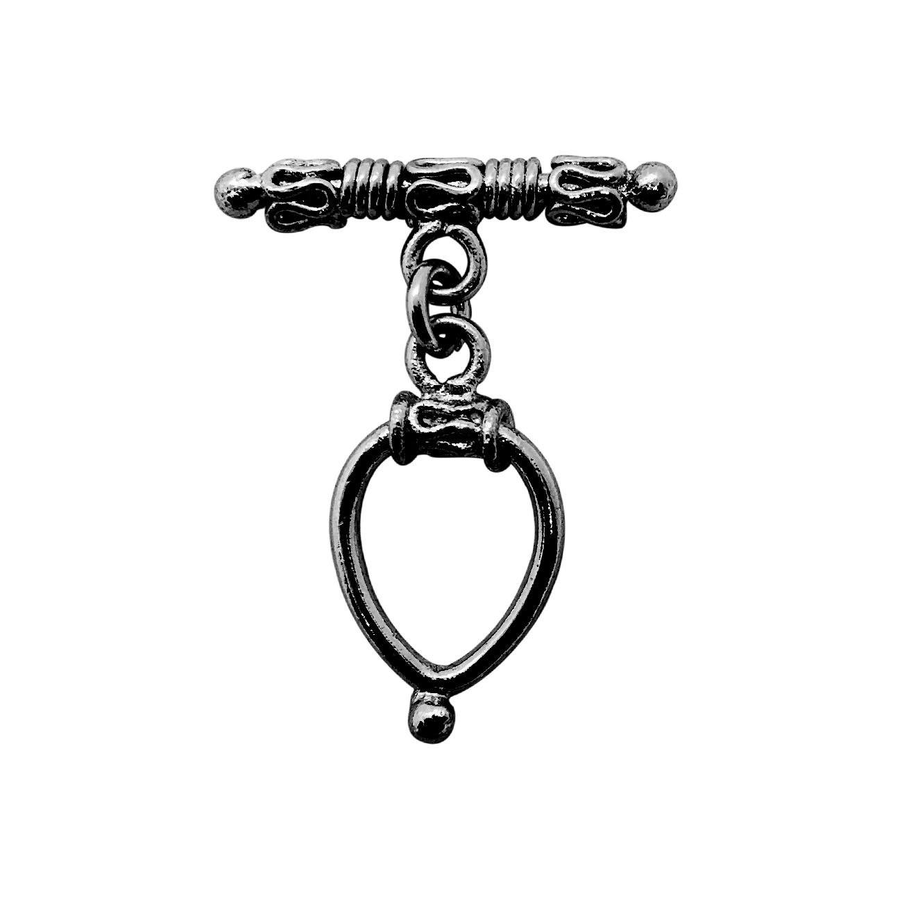 Handcrafted Black Rhodium Overlay toggle clasp from India in teardrop design with decorative bar for stylish jewelry.