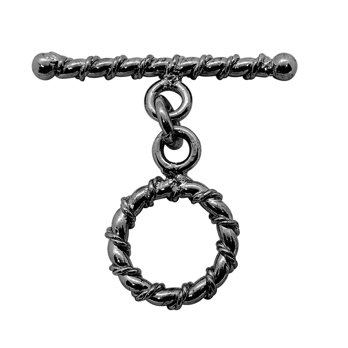Handcrafted Black Rhodium Overlay toggle clasp from India with twisted rope circular ring design for bracelets and necklaces.