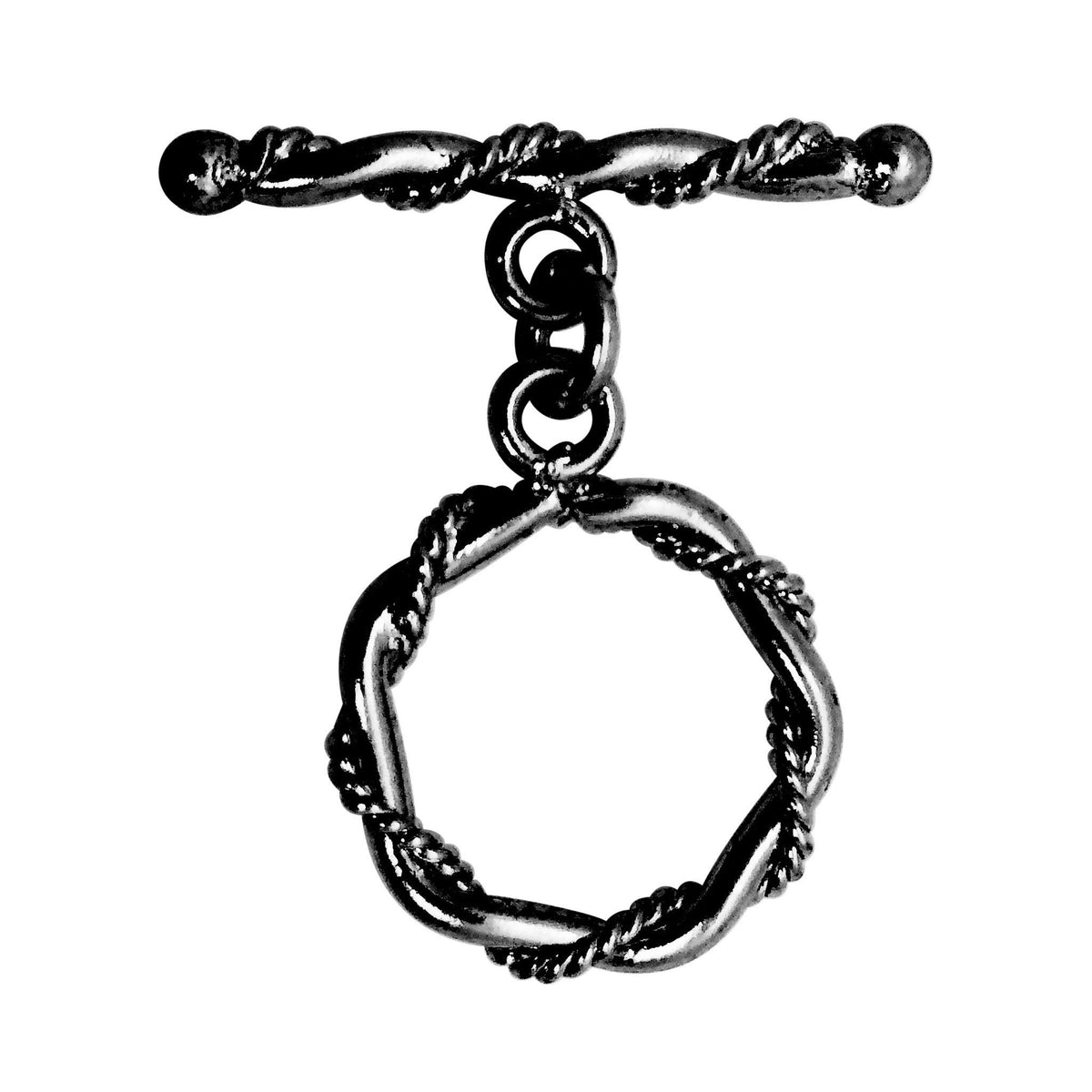 Handcrafted Black Rhodium Overlay toggle clasp from India with interwoven ring and twisted bar design for bracelets and necklaces.