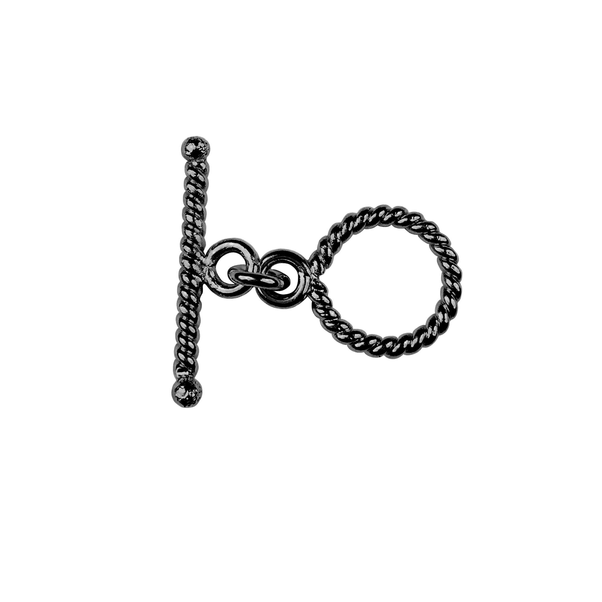 Handcrafted Black Rhodium Overlay toggle clasp from India with rope twist circular ring and bar design.