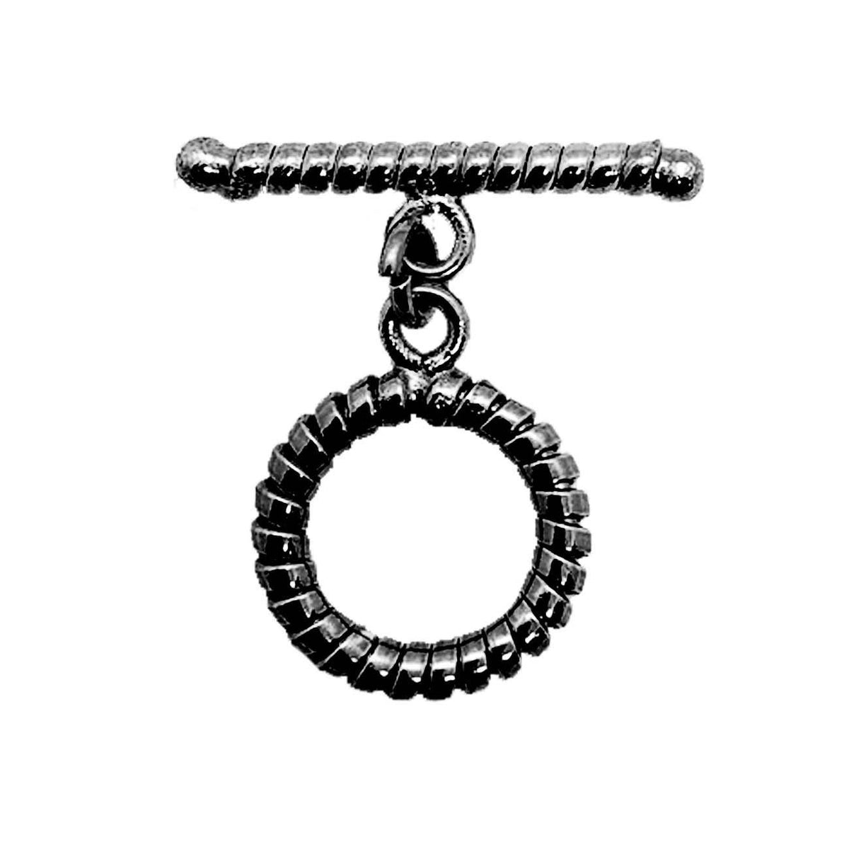 Handcrafted Black Rhodium Overlay toggle clasp from India with textured circular ring and twisted bar design.