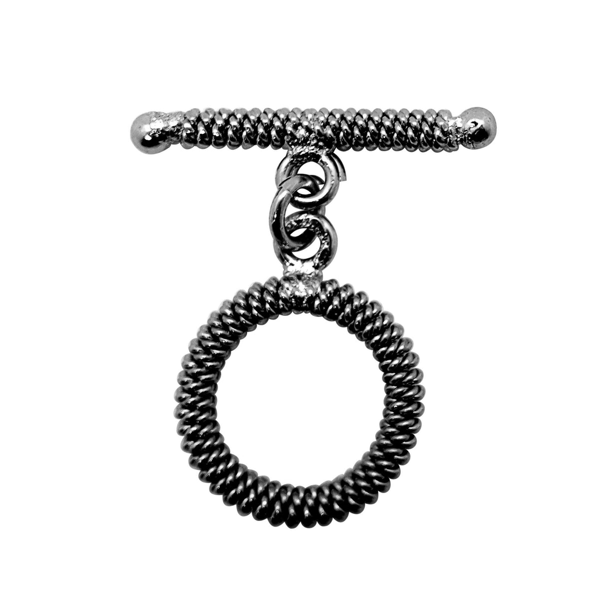 Handcrafted Black Rhodium Overlay toggle clasp from India with coil pattern circular ring and bar design for jewelry.