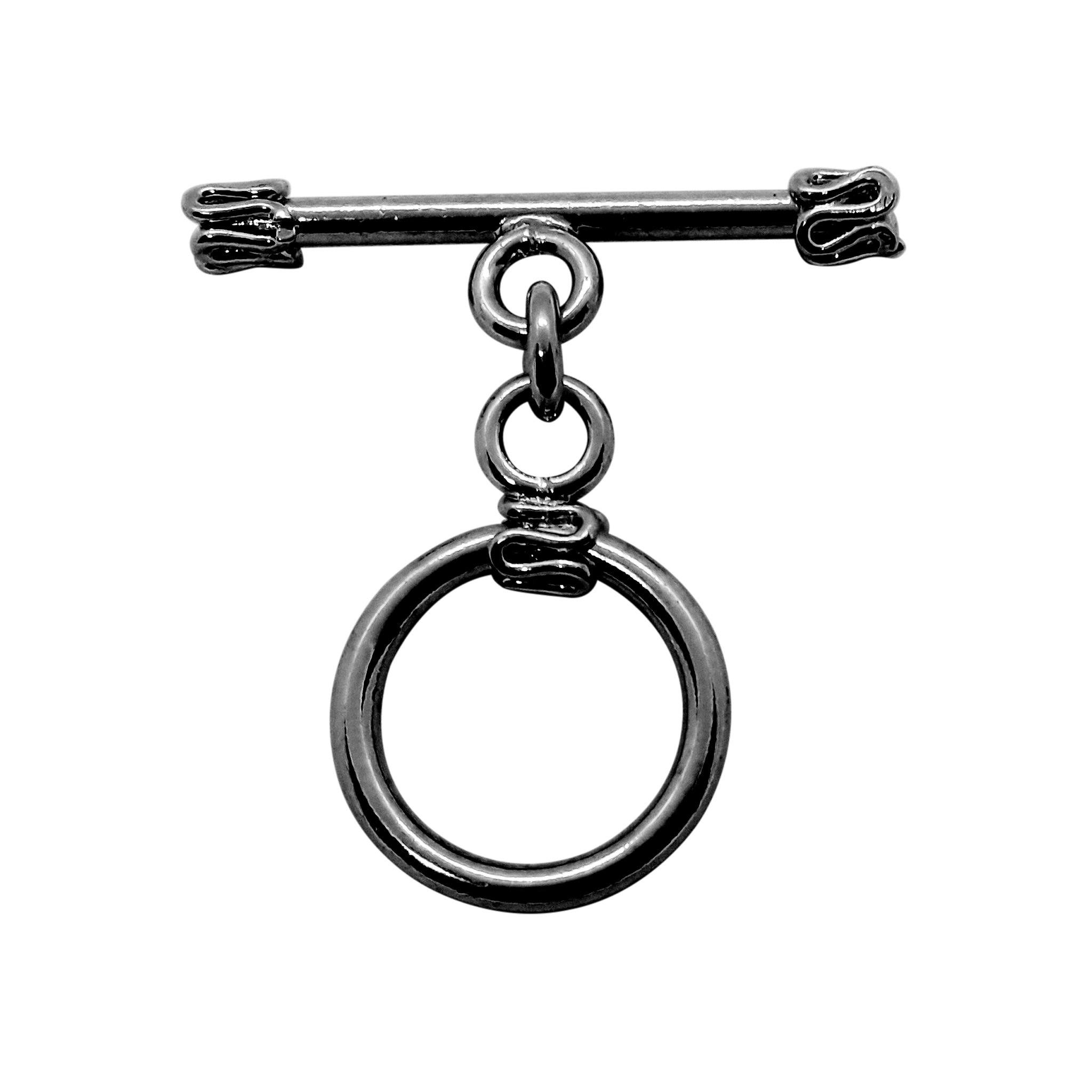 Handcrafted Black Rhodium Overlay toggle clasp from India with smooth circular connector and patterned bar design for bracelets and necklaces.