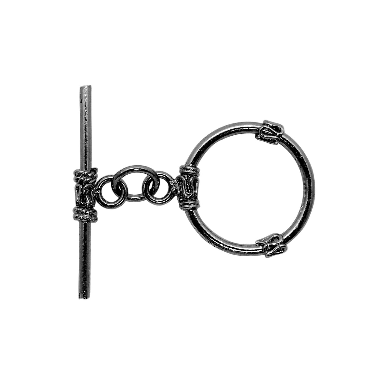Handcrafted Black Rhodium Overlay wrapped toggle clasp with circular ring and bar, made in India.