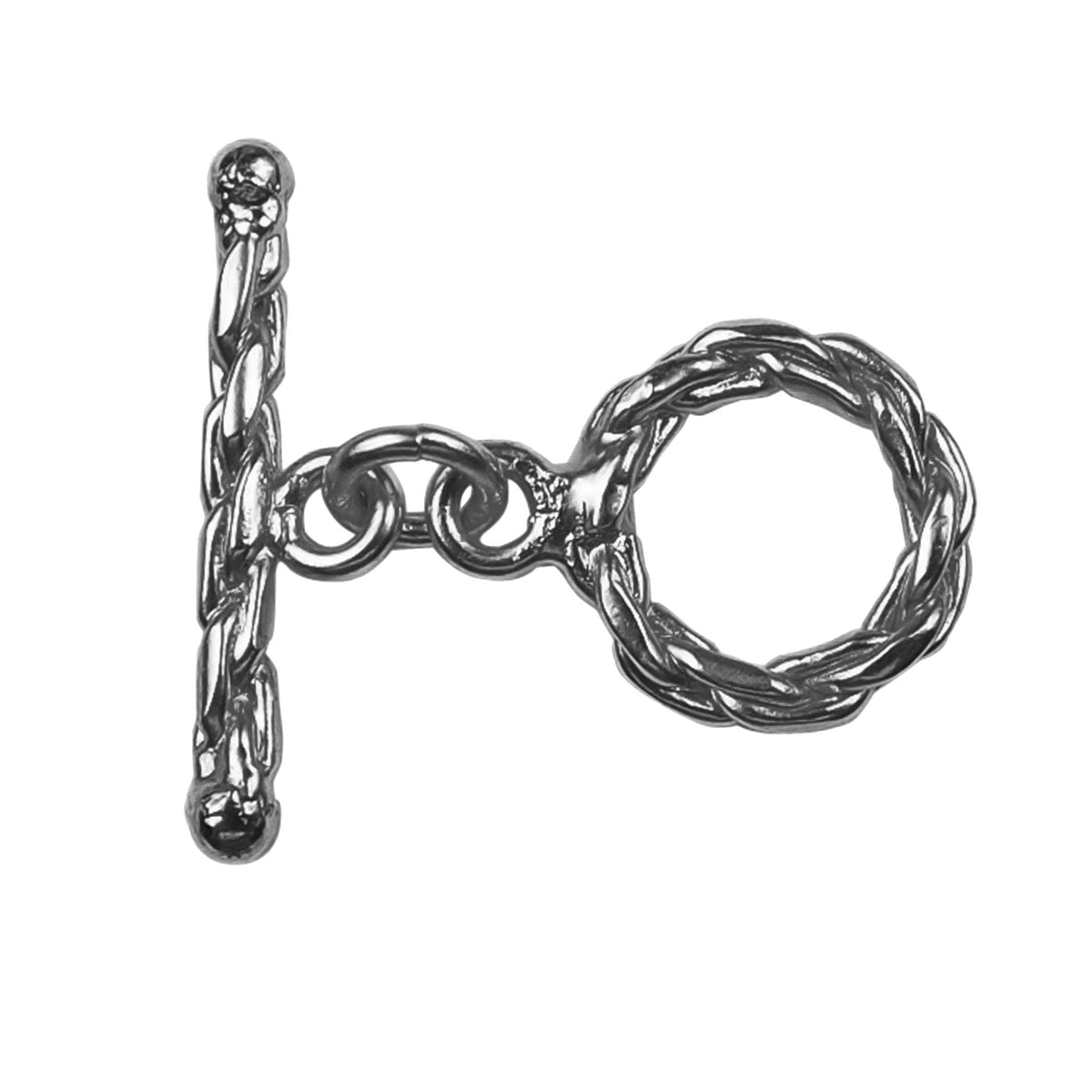 Handcrafted Black Rhodium Overlay braided toggle clasp jewelry piece with twisted ring and bar, made in India.