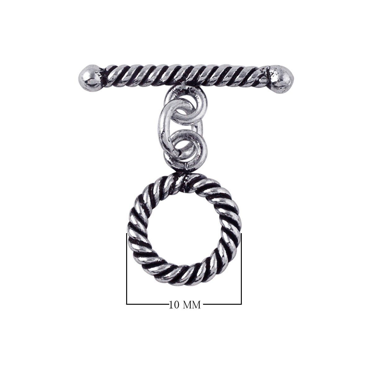 Decorative Silver Overlay toggle clasp with twisted rope pattern, round loop and bar design, oxidized finish, artisan jewelry fastener for necklaces and bracelets.