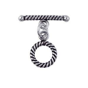 Decorative Silver Overlay toggle clasp with twisted rope pattern, round loop and bar design, oxidized finish, artisan jewelry fastener for necklaces and bracelets.