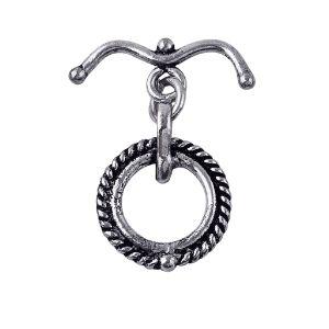 Decorative Silver Overlay toggle clasp with curved bar and rope-style circular loop, oxidized finish, artisan jewelry fastener for bracelets and necklaces.