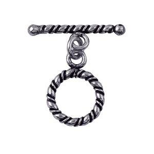 Decorative Silver Overlay toggle clasp with twisted rope bar and circular loop, oxidized finish, artisan jewelry fastener for bracelets and necklaces.